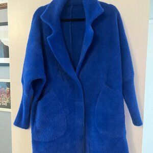 Bright blue fuzzy jacket/cardigan